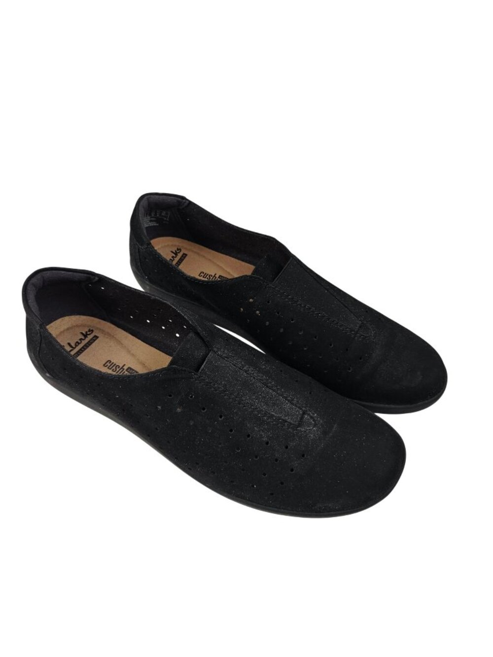 Clarks Loafers Womens Size 9.5 Black Leather Perforated Soft Cushion Shoes Suede